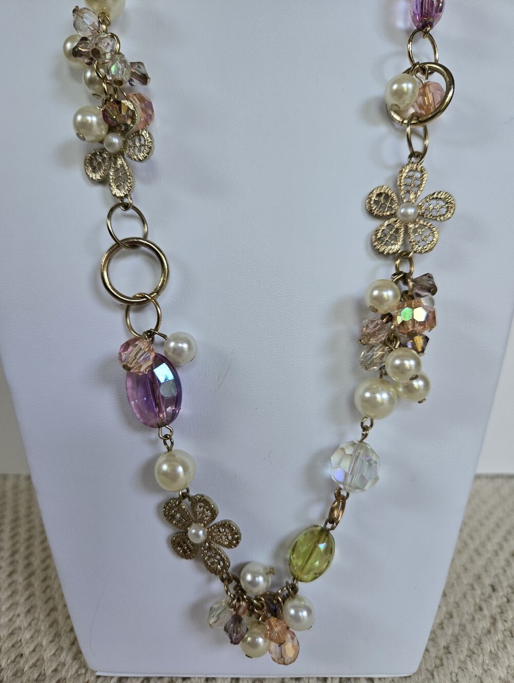 N-131-Delicate 32" Pink and Green Pearl Floral Statement Necklace